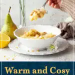 Someone spooning pear crumble and custard from a bowl. The custard is dripping and it looks very tempting! A text overlay says 'Warm and cosy pear crumble recipe'.
