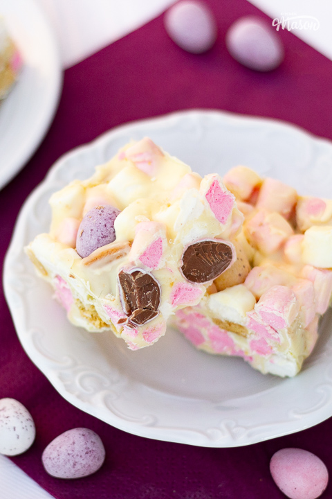 A plate of Mini Egg rocky road bars with Mini Eggs scattered around it.