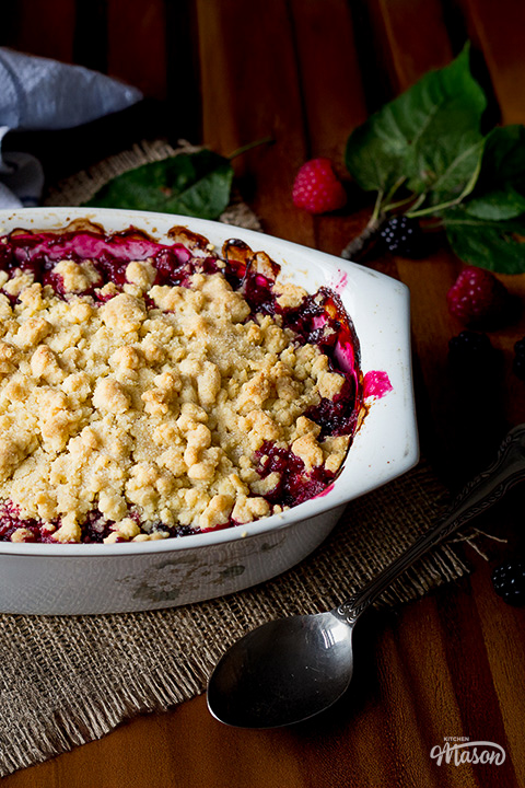 A bubbling Summer fruit crumble in a decorative dish.