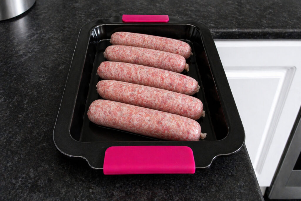 Sausages in a roasting dish on a kitchen worktop.