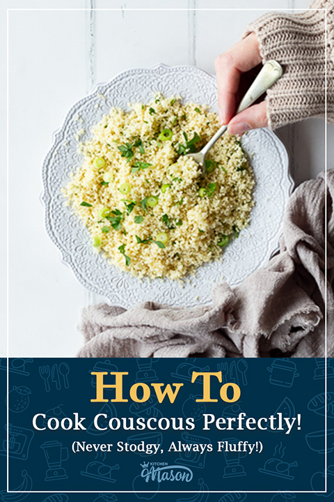 Someone forking fluffy couscous on a decorative white plate.