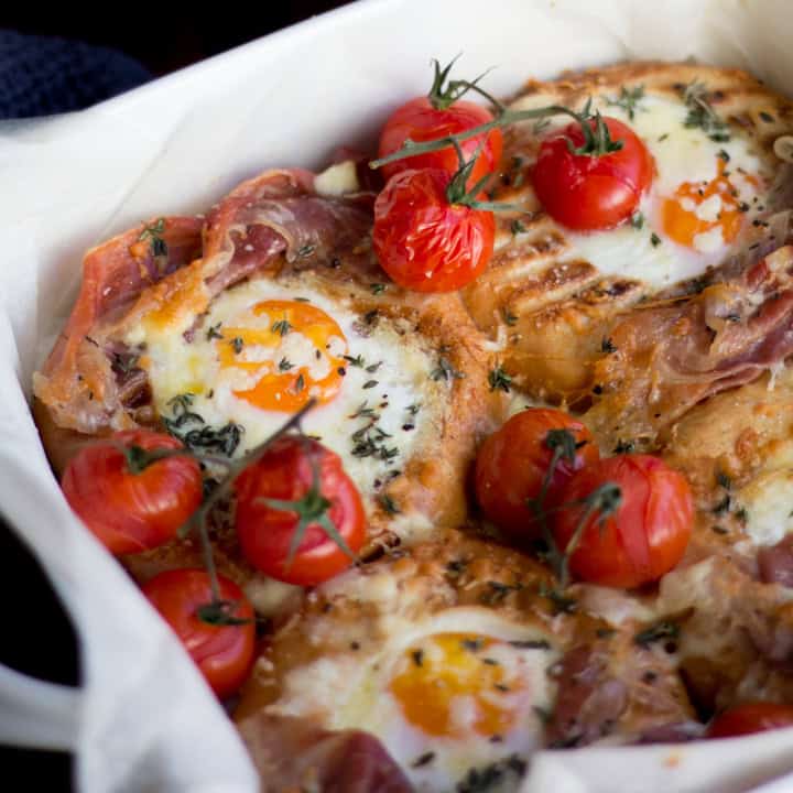 ★★★★★ (5.0)&nbsp;25 mins Tomato and Parma Ham Breakfast Egg Bake Recipe